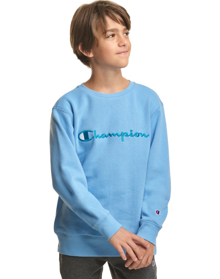 Champion Fleece Crew Embroidered Logo Erkek Çocuk Sweatshirt Mavi ( XNQRYC082 )